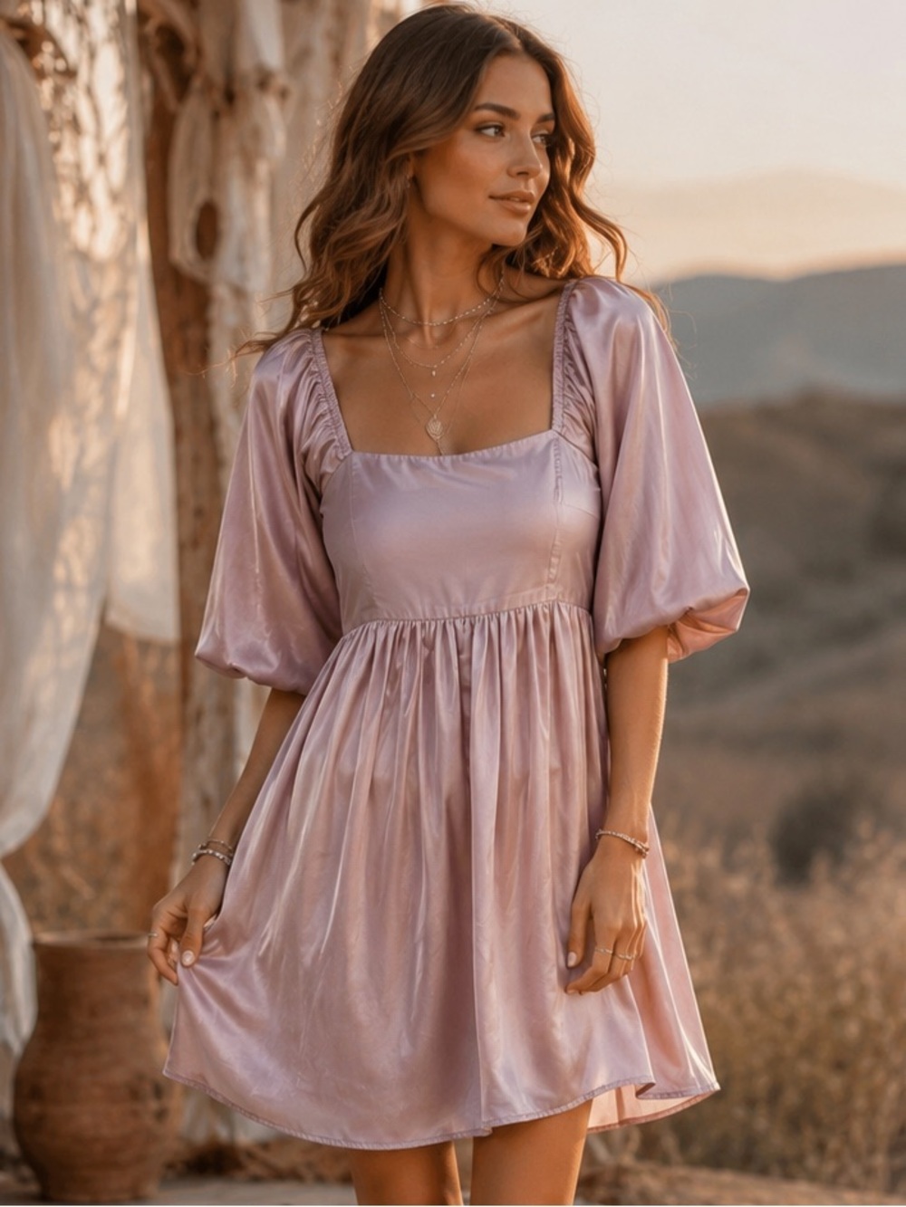 Shop Neighbor Dusty Mauve Satin Puff Sleeve Babydoll Mini Dress – Size Small
